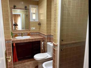 W łazience znajduje się toaleta, umywalka i lustro. w obiekcie Excelente piso en San Fernando w mieście San Fernando