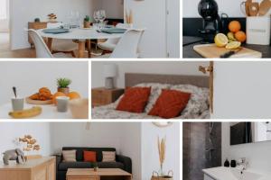 un collage de photos d'une cuisine et d'un salon dans l'établissement CAP VERT - Appartement Cocooning Chic, à Saint-Étienne