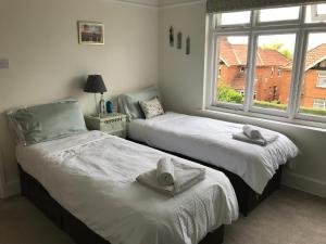 two beds in a room with two windows at Rie's Retreat - The Whole House in Glastonbury