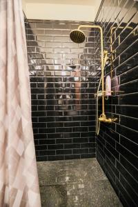 a black tiled shower with a shower curtain at Mendis accommodation in Safed