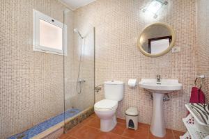 a bathroom with a shower and a toilet and a sink at Casa Los Guaydiles 2 in Triquivijate