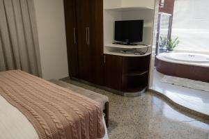 a bedroom with a bed and a tv and a tub at Ibituruna Center Hotel in Governador Valadares