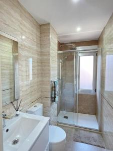 La salle de bains est pourvue de toilettes, d'une douche et d'un lavabo. dans l'établissement Piso recién reformado en Gascona, à Oviedo