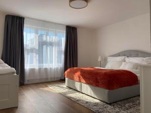 um quarto com uma cama e uma grande janela em Apartmán Teplice nad Metují em Teplice nad Metují