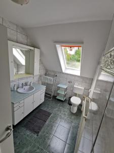 a bathroom with a sink and a toilet and a window at Landhaus Forrás in Balatonfüred