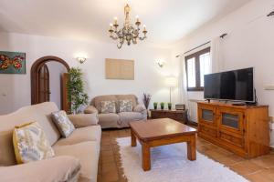 ein Wohnzimmer mit einem Sofa und einem Flachbild-TV in der Unterkunft Villa Miguel in Sant Rafael de Sa Creu