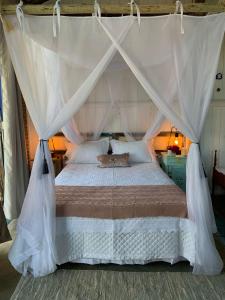 a bedroom with a bed with a mosquito net at Chalé Perto Do Céu in São Thomé das Letras