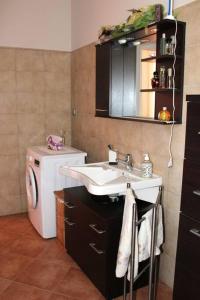 ein Badezimmer mit einem Waschbecken und einer Waschmaschine in der Unterkunft Vida Noa - Casa vista mare - Sud Sardegna in Nebida