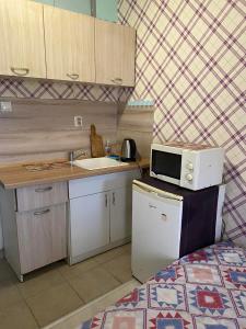 a small kitchen with a sink and a microwave at Apartment Radetski in Varna City