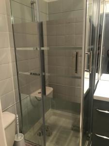 a glass shower in a bathroom with a toilet at Appart douillet Paris 11 in Paris