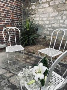 2 chaises et une plante fleurie sur la terrasse dans l'établissement Le Maurice 6 - Duplex, à Compiègne