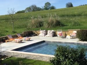 two dogs laying in chairs next to a swimming pool at Chambre d’hôtes de La Plano in Saint-Jean-de-Marcel