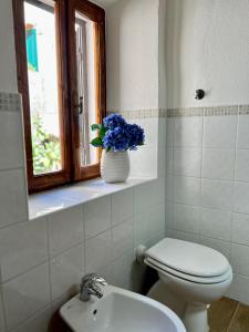 a bathroom with a toilet and a vase with blue flowers at NUOVO Luminoso a 100 passi dalla piazza in Rio nellʼElba