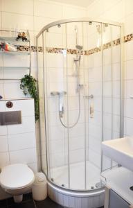 uma casa de banho com um chuveiro, um WC e um lavatório. em Marienleuchte MeerLUST em Westfehmarn