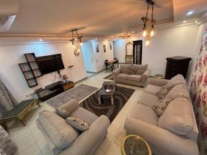 uma sala de estar com sofás e uma televisão de ecrã plano em شقة فندقية no Cairo