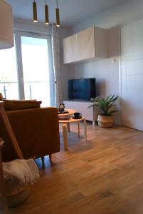 a living room with a couch and a table at Apartament Garden AiR in Sztutowo
