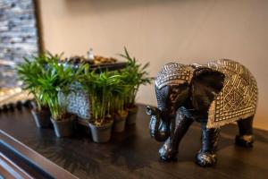 une statue d'un éléphant sur une table avec des plantes en pot dans l'établissement Apartment Mimoza, à Sighişoara