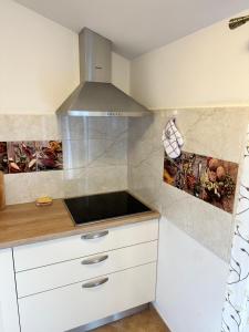 a kitchen with white cabinets and a stove at Apartments Primani in Sečovlje