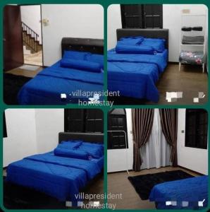 Kampung Kerangi的住宿－Villa President Homestay -4 bedroom Aircond WIFI Vacations Home，三张照片,一间有三张床的房间