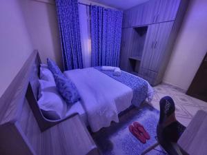a bedroom with a bed and a pair of red shoes at Blue House 2 Bedroom House. in Naivasha