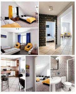 un collage de quatre photos d'une chambre d'hôtel dans l'établissement Miastkovo, à Poznań