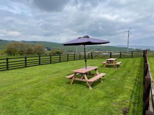 two picnic tables with an umbrella on the grass at Pepperpot Cottage in Skipton