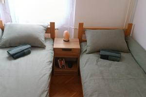 two beds in a room with a nightstand between them at Plitvice Green Apartment in Plitvička Jezera