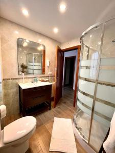 uma casa de banho com um chuveiro, um WC e um lavatório. em La Tesela em Priego de Córdoba