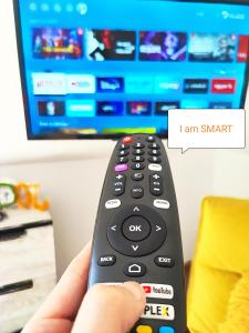a person holding a remote control in front of a tv at Prime Residence in Braşov