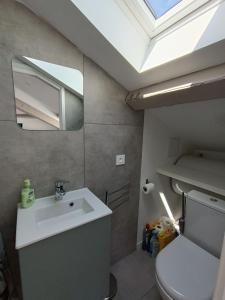 Studio Anthėor, vue mer في سانت رافائيل: حمام مع حوض ومرآة ومرحاض