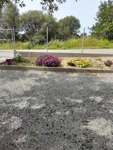 a garden with flowers on the side of a road at Cosmitsa House in Vingláfia