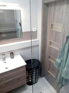 a bathroom with a sink and a mirror at Štýlový apartmán v Šamoríne in Šamorín