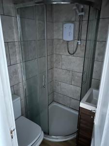 a bathroom with a shower with a toilet and a sink at Cairo Street in Warrington