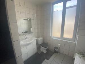 uma casa de banho com um lavatório, um WC e uma janela. em Privé appartement in de buurt van Brussel em Asse