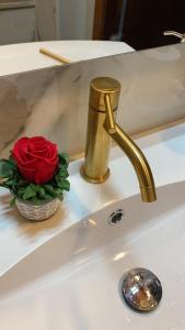 un robinet en or avec un rose rouge sur un évier dans l'établissement La Villetta Marrucca, à Grosseto