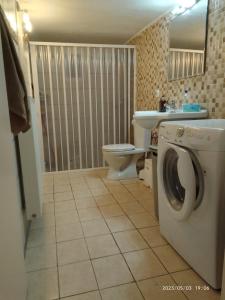 een badkamer met een wasmachine en een wastafel bij Antonia family house near Airport in Porto Rafti