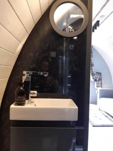 Nevis Pod, West Highland Way Holidays في كينلوشليفن: حمام مع حوض ومرآة