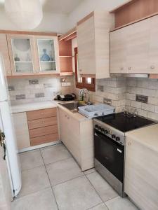 a kitchen with a sink and a stove top oven at Two-storey house in Kardamyla in Mármaron
