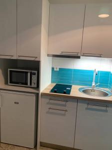 eine Küche mit einer Spüle und einer Mikrowelle in der Unterkunft Single Sunny Mini Studio Flat in Budapest