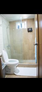 a bathroom with a white toilet and a shower at 3 BR apartment ciudad santiago de los caballeros in Santiago de los Caballeros