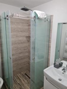 uma casa de banho com uma cabina de duche em vidro e um lavatório. em Casa Munty em Orlat