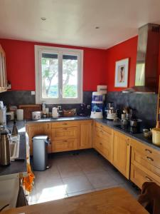 a kitchen with wooden cabinets and a red wall at La Maison d'Estrella in Moussoulens