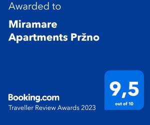 Majutusasutuses Miramare Apartments Pržno olev sertifikaat, autasu, silt või muu dokument