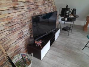 a television in a living room with a brick wall at CHAMBRE DANS UN ECRIN DE VERDURE in Angrie