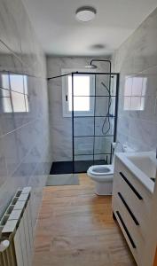 uma casa de banho com um WC, um chuveiro e um lavatório. em Kataenea. Apartamento en el prepirineo navarro. Naturaleza em Aoiz