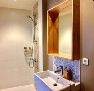 La salle de bains est pourvue d'un lavabo et d'une douche. dans l'établissement Appartement centre, Parking 100m, à Nantes