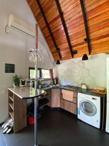 a kitchen with a sink and a washing machine at Forest house in Gabala