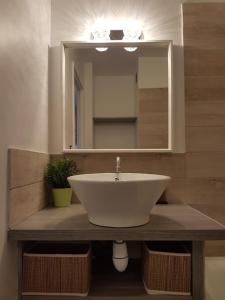 ein Badezimmer mit einem weißen Waschbecken und einem Spiegel in der Unterkunft Logement cosy, calme, vue mer, sud France in La Seyne-sur-Mer