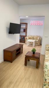 a living room with a tv and a couch and a table at Apartamento Retama Laguna Centro in Las Lagunas