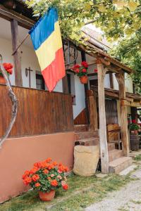 a flag hanging in front of a house with flowers at Casa Tradițională Transilvăneana in Rucăr